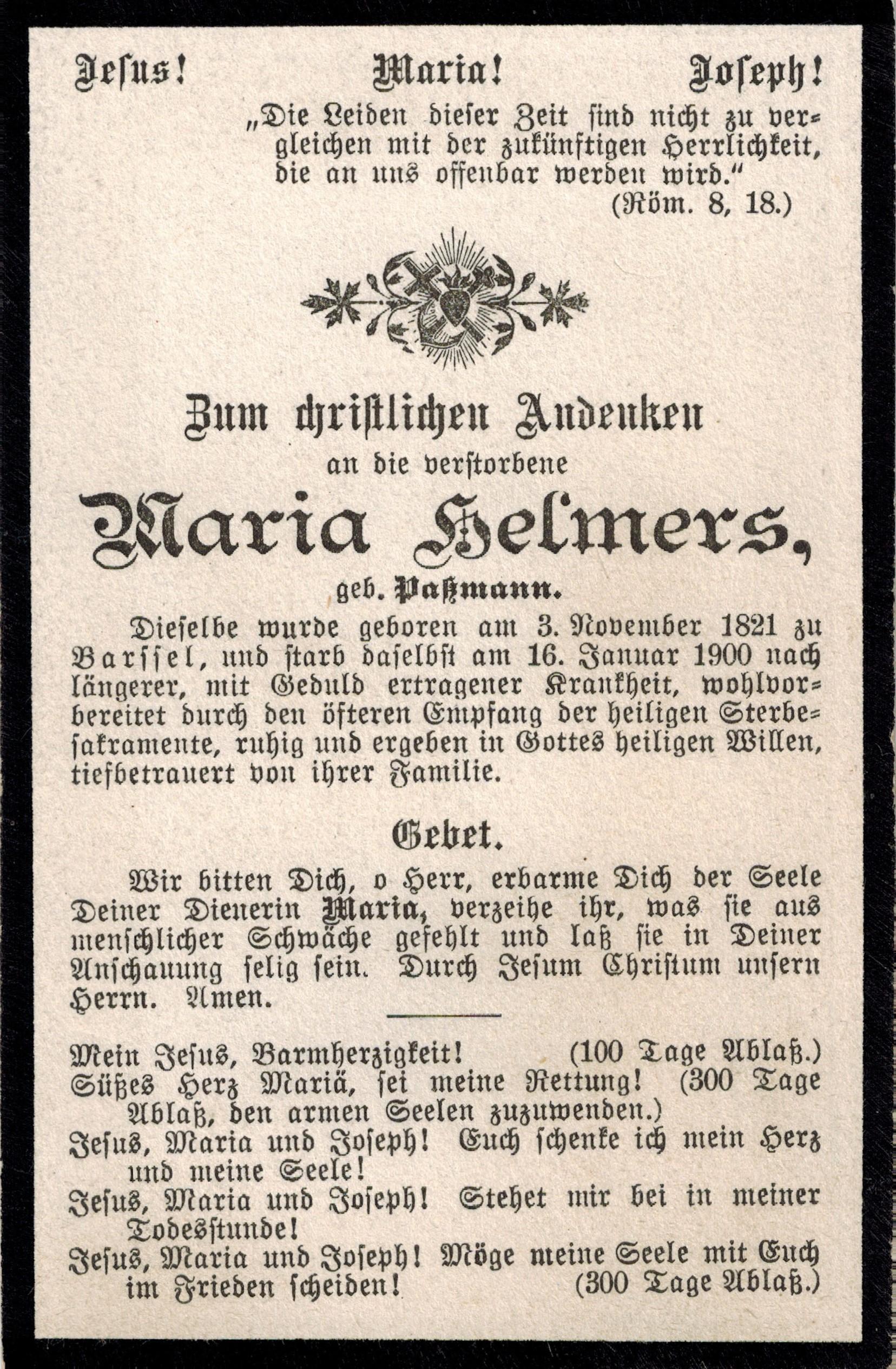 Verstorbene Maria Helmers geborene Paßmann 16.01.1900